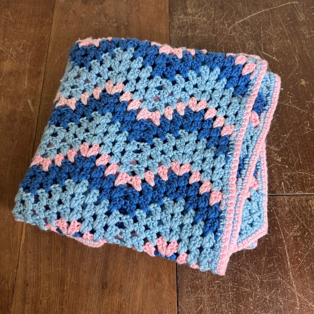 Vintage Hand made Crocheted Blue Pink Baby Lap Blanket 40 x‎ 44 inches